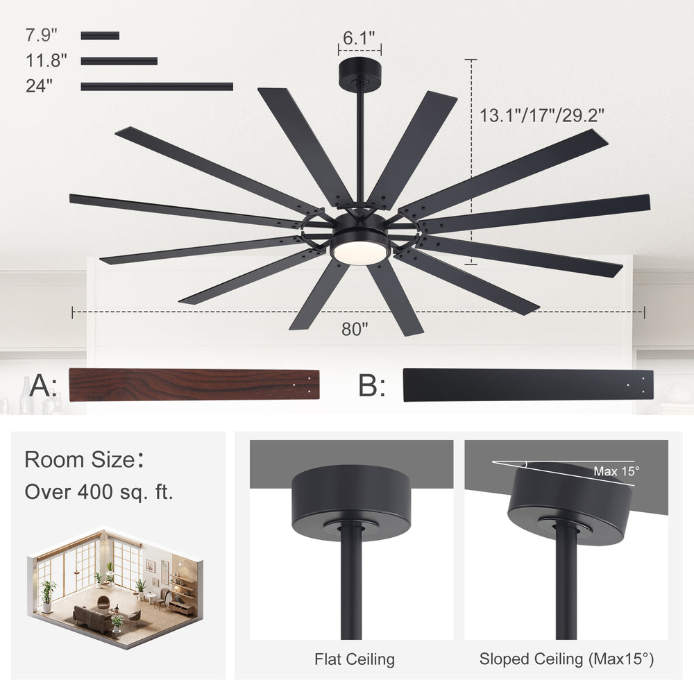 Dualvora 72/80 Inch Large Ceiling Fan With Light & Remote