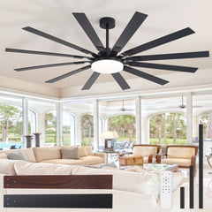 72” Ceiling Fan with Light,Modern 12-Blade LED Ceiling Fan with Remote,3000K/4000K/6000K with Light Memory Function,DC motor, Dual-finish Plywood Blades, Full-function Remote Control, reversible airflow, and 6”/12”/24” Downrods for Large Indoor Spaces