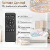 Arachne vintage white flush mount ceiling fan with remote control featuring 6 fan speeds, natural wind mode, reversible rotation, and 1/2/4/8-hour timer settings.