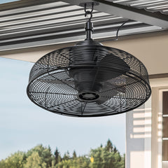 20-inch Black Outdoor Ceiling Fan without Light, IPX4 Waterproof Wet Rated Hanging Fan, Plug in Metal Caged Ceiling Fan with 3-Speed AC Motor for Gazebo Patio Porch Pergola