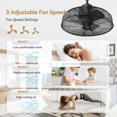 20-inch Black Outdoor Ceiling Fan without Light, IPX4 Waterproof Wet Rated Hanging Fan, Plug in Metal Caged Ceiling Fan with 3-Speed AC Motor for Gazebo Patio Porch Pergola