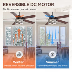 52-Inch Ceiling Fan with Light and Remote – 5 Reversible Dual-Finish Blades, Geometric Drum Cage Shade, Quiet Energy-Saving DC Motor, 6 Speeds with Forward/Reverse Airflow, Includes 5" & 10" Downrods