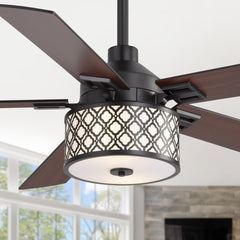 52-Inch Ceiling Fan with Light and Remote – 5 Reversible Dual-Finish Blades, Geometric Drum Cage Shade, Quiet Energy-Saving DC Motor, 6 Speeds with Forward/Reverse Airflow, Includes 5" & 10" Downrods