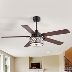 52-Inch Ceiling Fan with Light and Remote – 5 Reversible Dual-Finish Blades, Geometric Drum Cage Shade, Quiet Energy-Saving DC Motor, 6 Speeds with Forward/Reverse Airflow, Includes 5" & 10" Downrods
