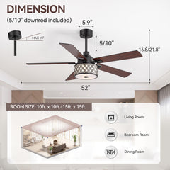 52-Inch Ceiling Fan with Light and Remote – 5 Reversible Dual-Finish Blades, Geometric Drum Cage Shade, Quiet Energy-Saving DC Motor, 6 Speeds with Forward/Reverse Airflow, Includes 5" & 10" Downrods