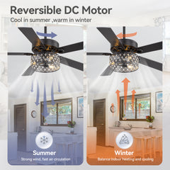 52-Inch Crystal Cage Ceiling Fan with Light and Remote – 5 Reversible Dual-Finish Blades, Elegant Crystal Drum Shade, Quiet Energy-Saving DC Motor with 6 Speeds & Reversible Airflow, Includes 5" & 10" Downrods