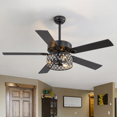 52-Inch Crystal Cage Ceiling Fan with Light and Remote – 5 Reversible Dual-Finish Blades, Elegant Crystal Drum Shade, Quiet Energy-Saving DC Motor with 6 Speeds & Reversible Airflow, Includes 5" & 10" Downrods