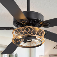 52" Rope Cage Ceiling Fan with Light, Matte Black Finish, Handwoven Rope-Accented Iron Shade, 5 Reversible Blades, Dual E26 Bulb Base (Bulbs Not Included), Quiet DC Motor, 6 Speeds with Timer, Remote, 5" and 10" Downrods Included, Forward/Reverse Airflow