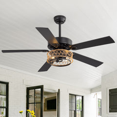 52" Rope Cage Ceiling Fan with Light, Matte Black Finish, Handwoven Rope-Accented Iron Shade, 5 Reversible Blades, Dual E26 Bulb Base (Bulbs Not Included), Quiet DC Motor, 6 Speeds with Timer, Remote, 5" and 10" Downrods Included, Forward/Reverse Airflow