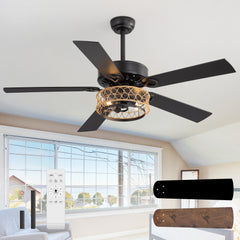 52" Rope Cage Ceiling Fan with Light, Matte Black Finish, Handwoven Rope-Accented Iron Shade, 5 Reversible Blades, Dual E26 Bulb Base (Bulbs Not Included), Quiet DC Motor, 6 Speeds with Timer, Remote, 5" and 10" Downrods Included, Forward/Reverse Airflow