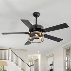 52-Inch Matte Black Industrial Ceiling Fan with Iron Cage Light, 5 Dual-Finish Reversible Plywood Blades, 28W Quiet DC Motor, 6 Speeds, Remote Control, Timer, Reversible Airflow, 5"&10" Downrods