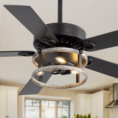 52-Inch Matte Black Industrial Ceiling Fan with Iron Cage Light, 5 Dual-Finish Reversible Plywood Blades, 28W Quiet DC Motor, 6 Speeds, Remote Control, Timer, Reversible Airflow, 5"&10" Downrods