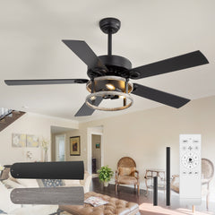 52-Inch Matte Black Industrial Ceiling Fan with Iron Cage Light, 5 Dual-Finish Reversible Plywood Blades, 28W Quiet DC Motor, 6 Speeds, Remote Control, Timer, Reversible Airflow, 5"&10" Downrods