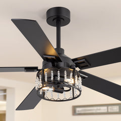 52" Crystal Ceiling Fan with Light, Matte Black Finish, 5 Reversible Blades, Dual E26 Bulb Base (Bulbs Not Included), Quiet Energy-Saving DC Motor, 6 Speeds with Timer, Remote Control, 5" and 10" Downrods Included