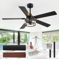 52" Crystal Ceiling Fan with Light, Matte Black Finish, 5 Reversible Blades, Dual E26 Bulb Base (Bulbs Not Included), Quiet Energy-Saving DC Motor, 6 Speeds with Timer, Remote Control, 5" and 10" Downrods Included