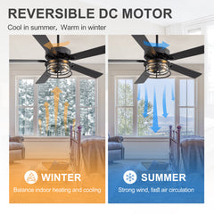 52-Inch Matte Black Industrial Ceiling Fan with Iron & Glass Light, 5 Reversible Blades (Black/Walnut), 28W DC Motor, 6 Speeds, Quiet Operation, Remote with Timer, Reversible Airflow, 5"&10" Downrods