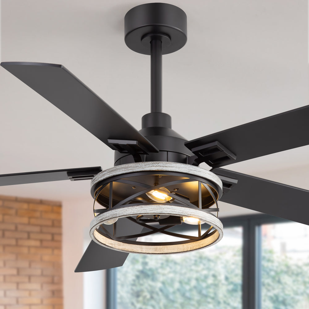 52-inch Industrial Ceiling Fan with Light, Matte Black Finish, Iron Cage Fixture, 5 Reversible Blades, Three E12 Bulb Base (Bulbs Not Included), Quiet DC Motor, 6 Speeds with Timer, Remote Control, 5" and 10" Downrods Included, Forward/Reverse Airflow