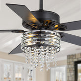 52" Crystal Chandelier Ceiling Fan with Light, Matte Black Finish, 5 Reversible Blades, Dual E26 Bulb Sockets (Bulbs Not Included), Quiet Energy-Saving DC Motor, 6 Speeds with Timer, Remote Control, 5“ and 10”Downrods Included, Forward/Reverse Airflow