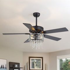 52" Crystal Chandelier Ceiling Fan with Light, Matte Black Finish, 5 Reversible Blades, Dual E26 Bulb Sockets (Bulbs Not Included), Quiet Energy-Saving DC Motor, 6 Speeds with Timer, Remote Control, 5“ and 10”Downrods Included, Forward/Reverse Airflow