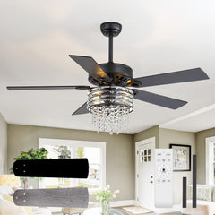 52" Crystal Chandelier Ceiling Fan with Light, Matte Black Finish, 5 Reversible Blades, Dual E26 Bulb Sockets (Bulbs Not Included), Quiet Energy-Saving DC Motor, 6 Speeds with Timer, Remote Control, 5“ and 10”Downrods Included, Forward/Reverse Airflow