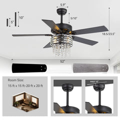 52" Crystal Chandelier Ceiling Fan with Light, Matte Black Finish, 5 Reversible Blades, Dual E26 Bulb Sockets (Bulbs Not Included), Quiet Energy-Saving DC Motor, 6 Speeds with Timer, Remote Control, 5“ and 10”Downrods Included, Forward/Reverse Airflow