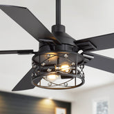 52" Crystal Cage Ceiling Fan with Light, Matte Black or Gold Finish, 5 Reversible Blades, Dual E26 Bulb Base (Bulbs Not Included), Quiet DC Motor, 6 Speeds with Timer, Remote Control, 5" and 10" Downrods Included, Forward/Reverse Airflow
