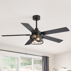 52" Crystal Cage Ceiling Fan with Light, Matte Black or Gold Finish, 5 Reversible Blades, Dual E26 Bulb Base (Bulbs Not Included), Quiet DC Motor, 6 Speeds with Timer, Remote Control, 5" and 10" Downrods Included, Forward/Reverse Airflow