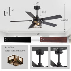 52" Crystal Cage Ceiling Fan with Light, Matte Black or Gold Finish, 5 Reversible Blades, Dual E26 Bulb Base (Bulbs Not Included), Quiet DC Motor, 6 Speeds with Timer, Remote Control, 5" and 10" Downrods Included, Forward/Reverse Airflow