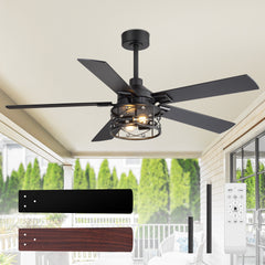 52" Crystal Cage Ceiling Fan with Light, Matte Black or Gold Finish, 5 Reversible Blades, Dual E26 Bulb Base (Bulbs Not Included), Quiet DC Motor, 6 Speeds with Timer, Remote Control, 5" and 10" Downrods Included, Forward/Reverse Airflow