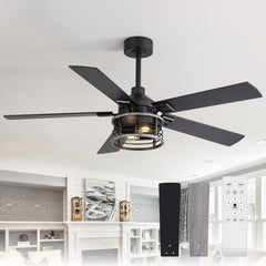 52" Industrial Ceiling Fan with Light, Matte Black Finish, Iron Cage Shade, 5 Reversible Blades, Dual E26 Bulb Base (Bulbs Not Included),DC Motor, 6 Speeds with Timer, Remote Control, 5" and 10" Downrods Included, Forward/Reverse Airflow