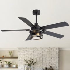 52" Industrial Ceiling Fan with Light, Matte Black Finish, Iron Cage Shade, 5 Reversible Blades, Dual E26 Bulb Base (Bulbs Not Included),DC Motor, 6 Speeds with Timer, Remote Control, 5" and 10" Downrods Included, Forward/Reverse Airflow
