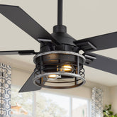 52" Industrial Ceiling Fan with Light, Matte Black Finish, Iron Cage Shade, 5 Reversible Blades, Dual E26 Bulb Base (Bulbs Not Included),DC Motor, 6 Speeds with Timer, Remote Control, 5" and 10" Downrods Included, Forward/Reverse Airflow