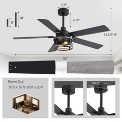 52" Industrial Ceiling Fan with Light, Matte Black Finish, Iron Cage Shade, 5 Reversible Blades, Dual E26 Bulb Base (Bulbs Not Included),DC Motor, 6 Speeds with Timer, Remote Control, 5" and 10" Downrods Included, Forward/Reverse Airflow