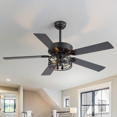 52" Rustic Ceiling Fan with Light, Matte Black Finish, Forest & Wildlife Iron Cage Shade, 5 Reversible Blades, Dual E26 Bulb Base (Bulbs Not Included), Quiet DC Motor, 6 Speeds with Timer, Remote, 5" and 10" Downrods, Forward/Reverse Airflow