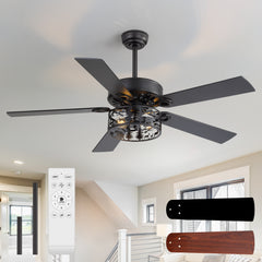 52" Rustic Ceiling Fan with Light, Matte Black Finish, Forest & Wildlife Iron Cage Shade, 5 Reversible Blades, Dual E26 Bulb Base (Bulbs Not Included), Quiet DC Motor, 6 Speeds with Timer, Remote, 5" and 10" Downrods, Forward/Reverse Airflow