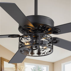 52" Rustic Ceiling Fan with Light, Matte Black Finish, Forest & Wildlife Iron Cage Shade, 5 Reversible Blades, Dual E26 Bulb Base (Bulbs Not Included), Quiet DC Motor, 6 Speeds with Timer, Remote, 5" and 10" Downrods, Forward/Reverse Airflow