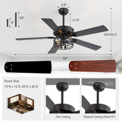 52" Rustic Ceiling Fan with Light, Matte Black Finish, Forest & Wildlife Iron Cage Shade, 5 Reversible Blades, Dual E26 Bulb Base (Bulbs Not Included), Quiet DC Motor, 6 Speeds with Timer, Remote, 5" and 10" Downrods, Forward/Reverse Airflow