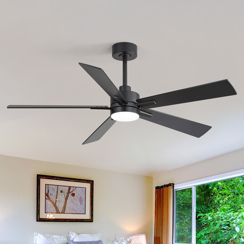 52-inch Matte Black Ceiling Fan with Light, 5 Plywood Blades, 18W LED 3-Color Temp & Memory, Quiet DC Motor, 6 Speeds, Reversible, Remote Control with Timer, Includes 5" & 10" Downrods, Ideal for Bedroom, Living Room, Dining Area