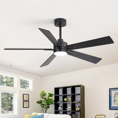 52-inch Matte Black Ceiling Fan with Light, 5 Plywood Blades, 18W LED 3-Color Temp & Memory, Quiet DC Motor, 6 Speeds, Reversible, Remote Control with Timer, Includes 5" & 10" Downrods, Ideal for Bedroom, Living Room, Dining Area