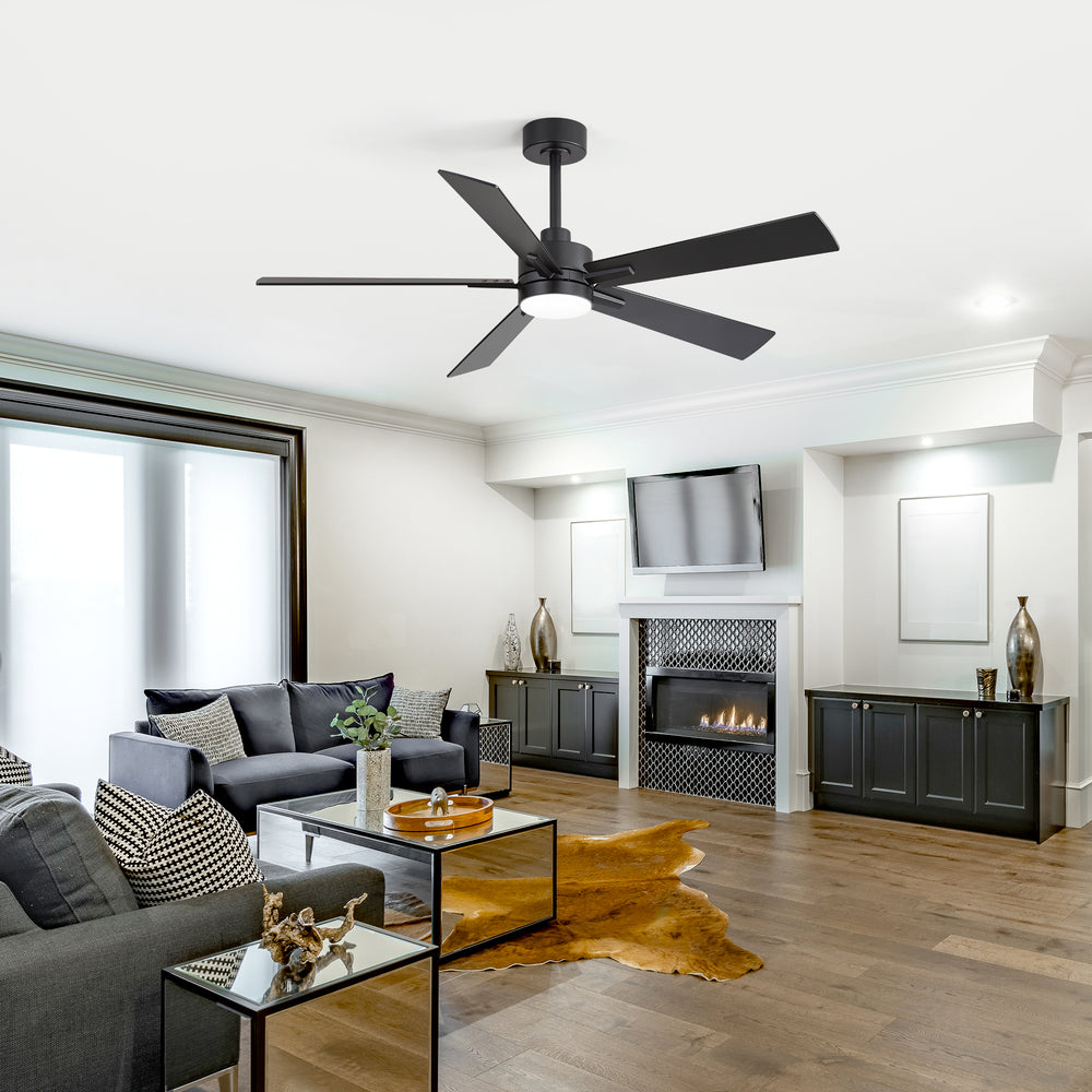 52-inch Matte Black Ceiling Fan with Light, 5 Plywood Blades, 18W LED 3-Color Temp & Memory, Quiet DC Motor, 6 Speeds, Reversible, Remote Control with Timer, Includes 5" & 10" Downrods, Ideal for Bedroom, Living Room, Dining Area