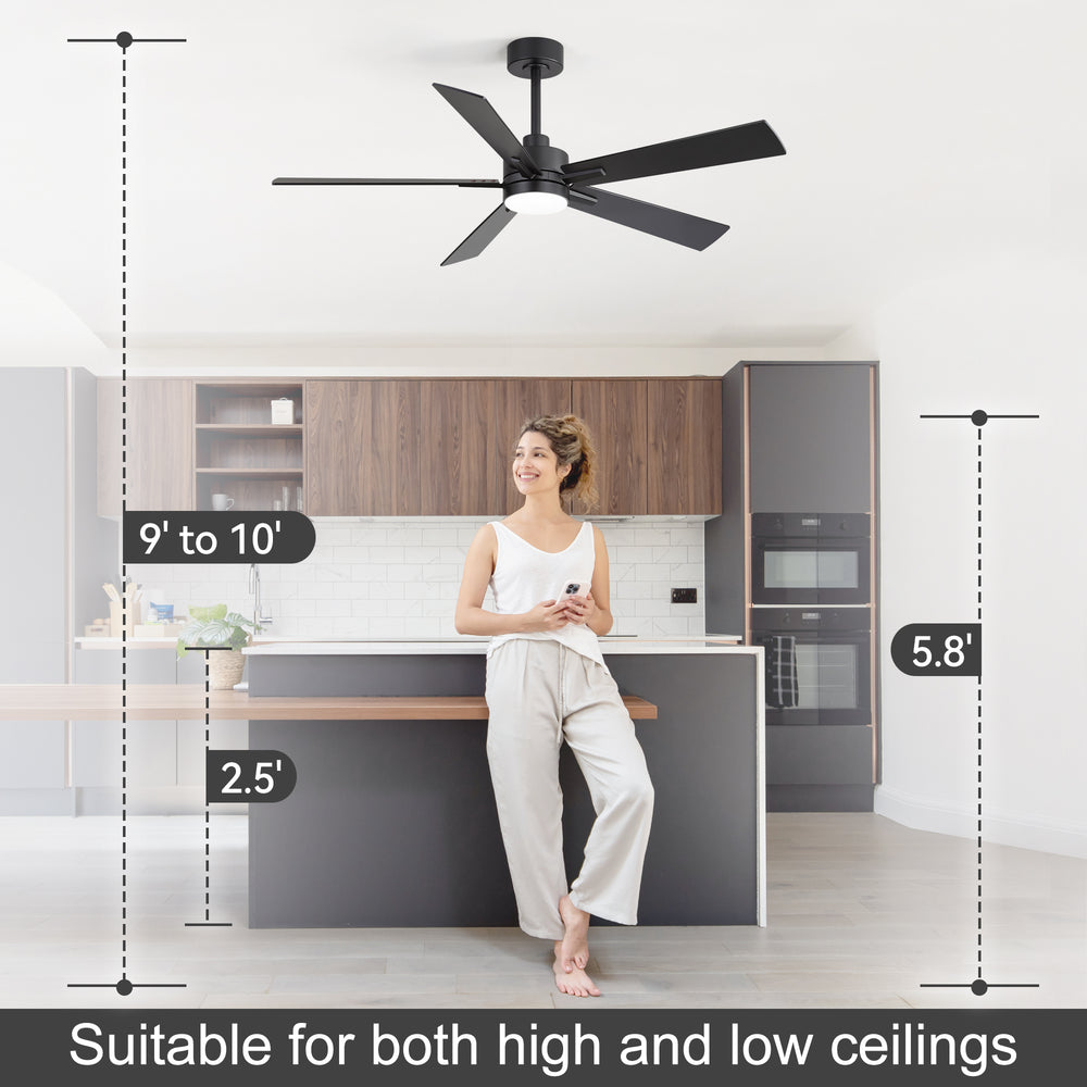 52-inch Matte Black Ceiling Fan with Light, 5 Plywood Blades, 18W LED 3-Color Temp & Memory, Quiet DC Motor, 6 Speeds, Reversible, Remote Control with Timer, Includes 5" & 10" Downrods, Ideal for Bedroom, Living Room, Dining Area