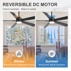 52-inch Matte Black Ceiling Fan with Light, 5 Plywood Blades, 18W LED 3-Color Temp & Memory, Quiet DC Motor, 6 Speeds, Reversible, Remote Control with Timer, Includes 5" & 10" Downrods, Ideal for Bedroom, Living Room, Dining Area