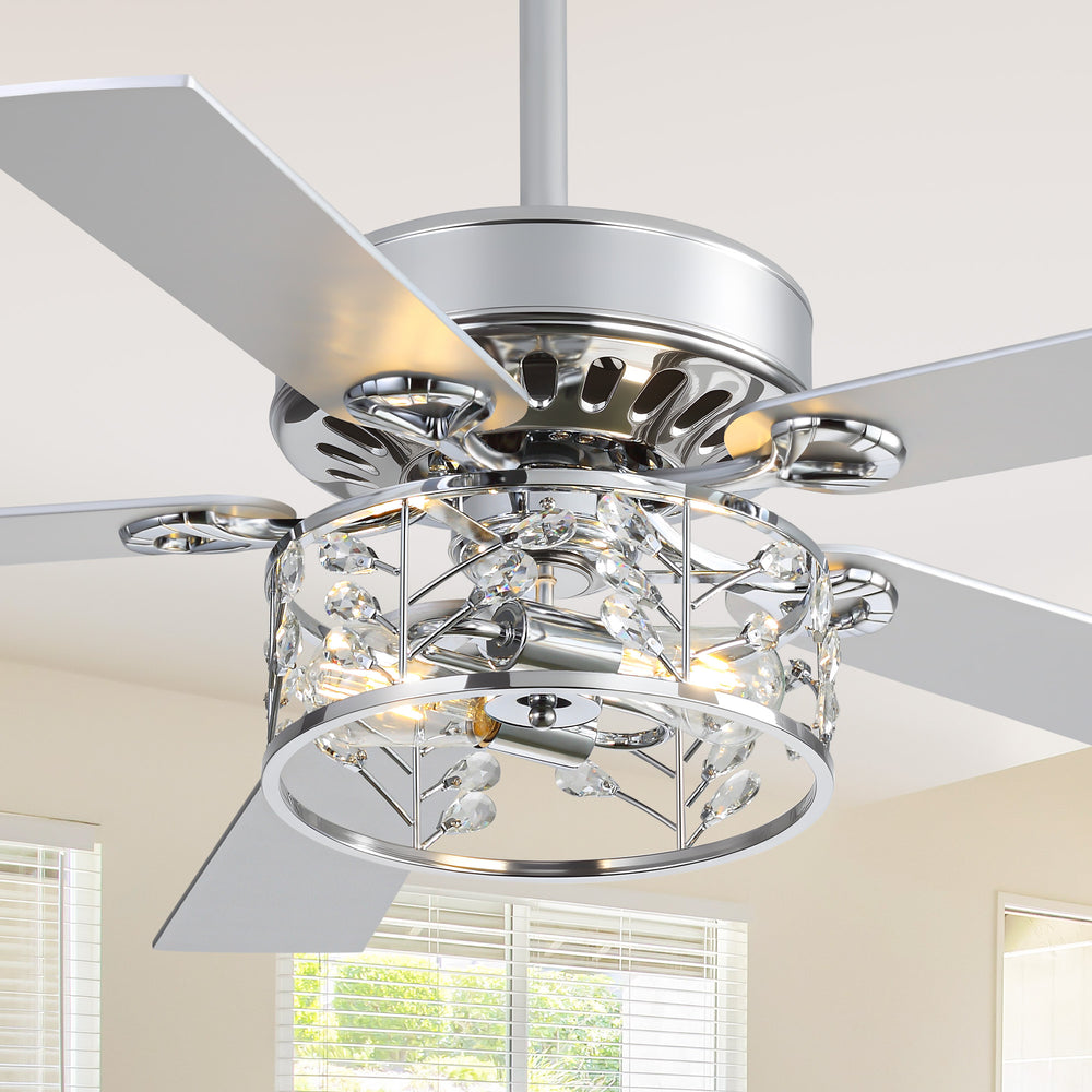 52" Chrome Ceiling Fan with Light, Crystal Shade, Dual E26 Bulb Base, 6-Speed DC Motor, Reversible for Summer & Winter, Timer Function, Silver/Gray Wood Grain Plywood Blades, Remote Control, Includes 5" & 10" Downrods