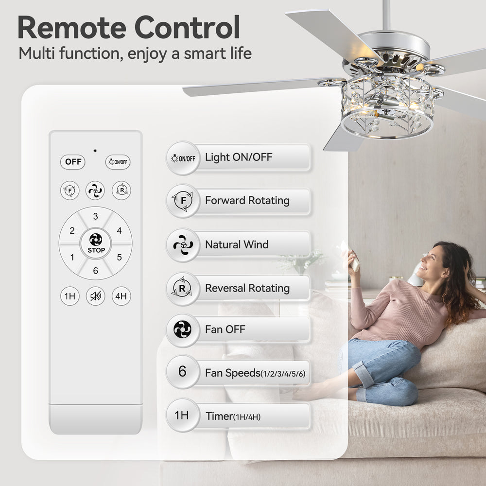 Cavora 52-Inch Chrome Crystal Ceiling Fan With Light
