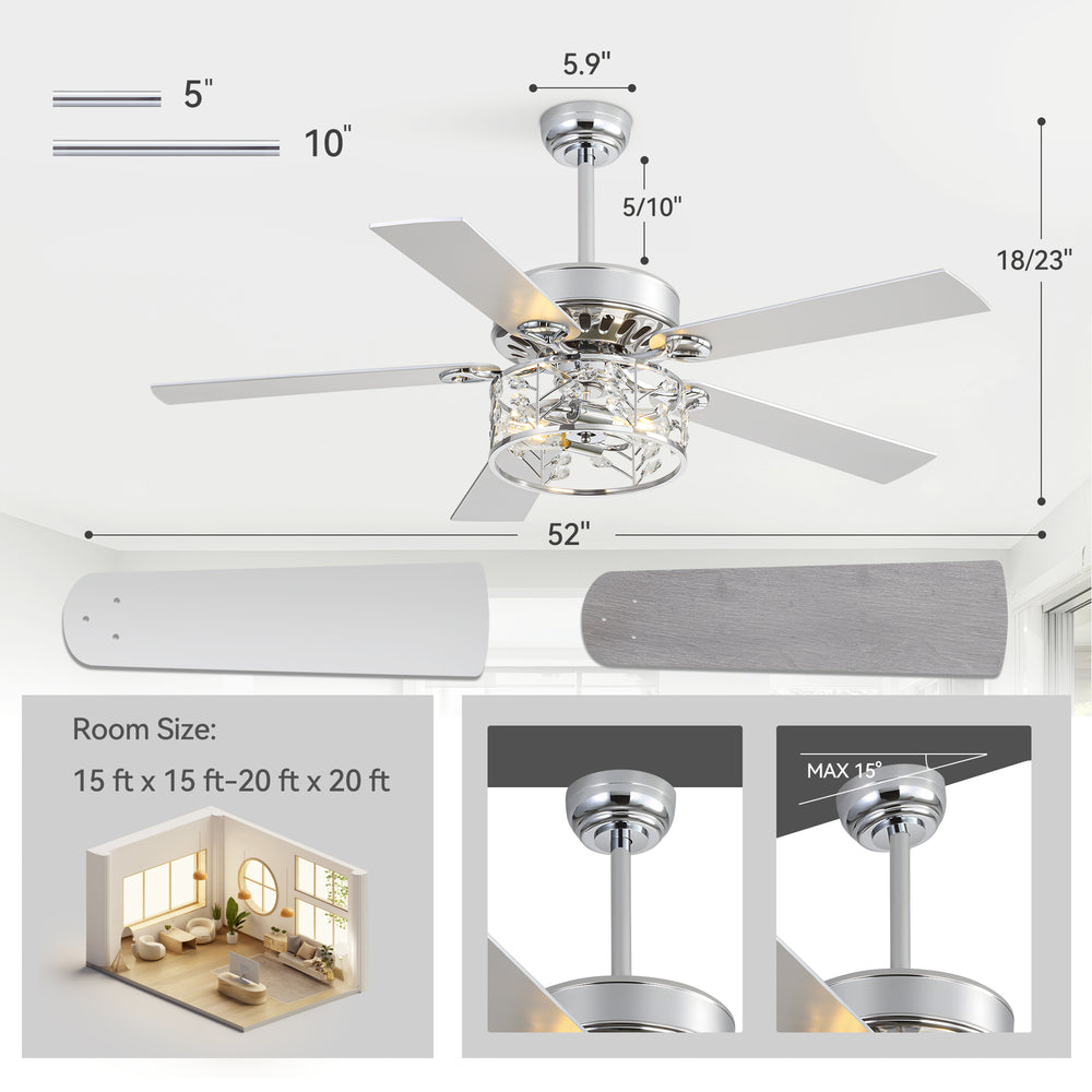 Cavora 52-Inch Chrome Crystal Ceiling Fan With Light