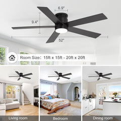 42"/52" Ceiling Fan with Light, Matte Black Finish, 5 Black Blades, Acrylic 18W LED (3 Color Temps with Memory), Quiet DC Motor, 6 Speeds, Forward/Reverse Airflow, Timer, Full Remote Control Included
