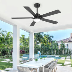 52" Modern Ceiling Fan with Light, Matte Black Finish, 5 Reversible Blades, Double Acrylic Lampshade with Integrated 18W LED (3 Color Temps & Memory), Quiet DC Motor, 6 Speeds with Timer, Remote, Forward/Reverse Airflow, Includes 5" & 10" Downrods