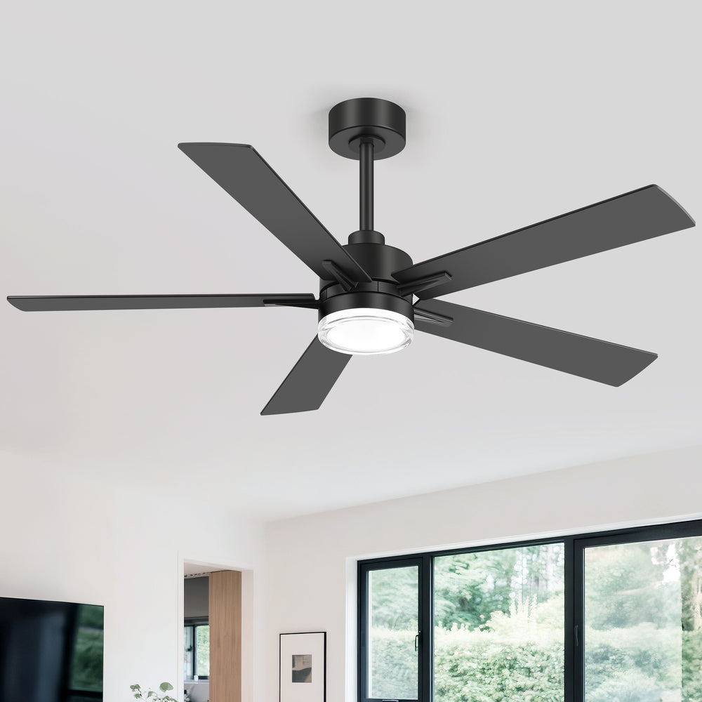 52" Modern Ceiling Fan with Light, Matte Black Finish, 5 Reversible Blades, Double Acrylic Lampshade with Integrated 18W LED (3 Color Temps & Memory), Quiet DC Motor, 6 Speeds with Timer, Remote, Forward/Reverse Airflow, Includes 5" & 10" Downrods