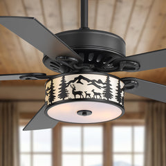 52" Matte Black Ceiling Fan with Light, Dual E26 Bulb Base, 6-Speed DC Motor, Reversible for Winter & Summer, Adjustable Timer, Black/Walnut Plywood Blades, Includes 5" & 10" Downrods, Remote Control