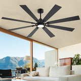 Jovora 72-inch large black 8-blade ceiling fan with light in a living room floor-to-ceiling windows mountain backdrop
